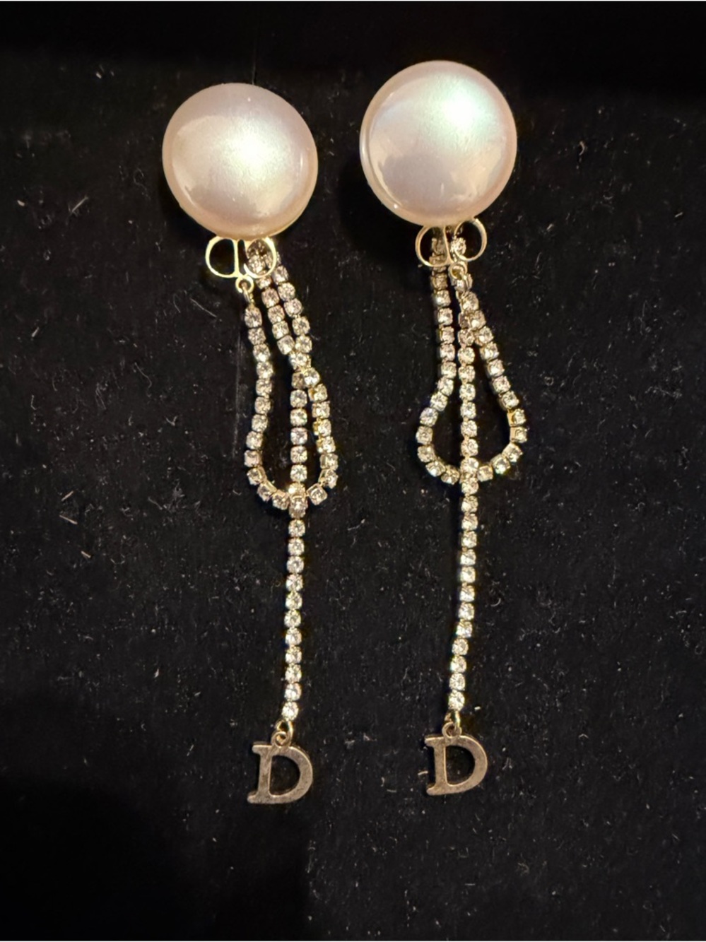 CD Gold and Pearl Dangle Earrings with D Charm - Women Jewelry - Picture 3 of 5